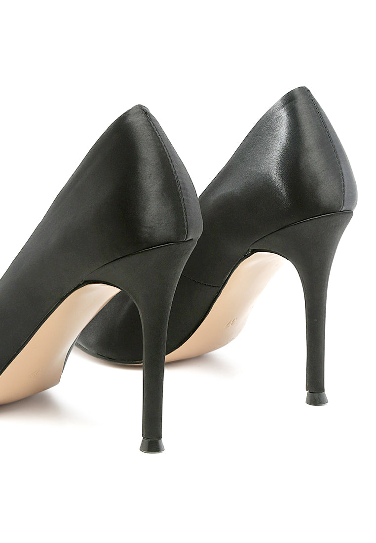 Fizzy Goblet Satin Stiletto Pumps showcasing elegant satin upper, pointed toe, and stylish stiletto heel.