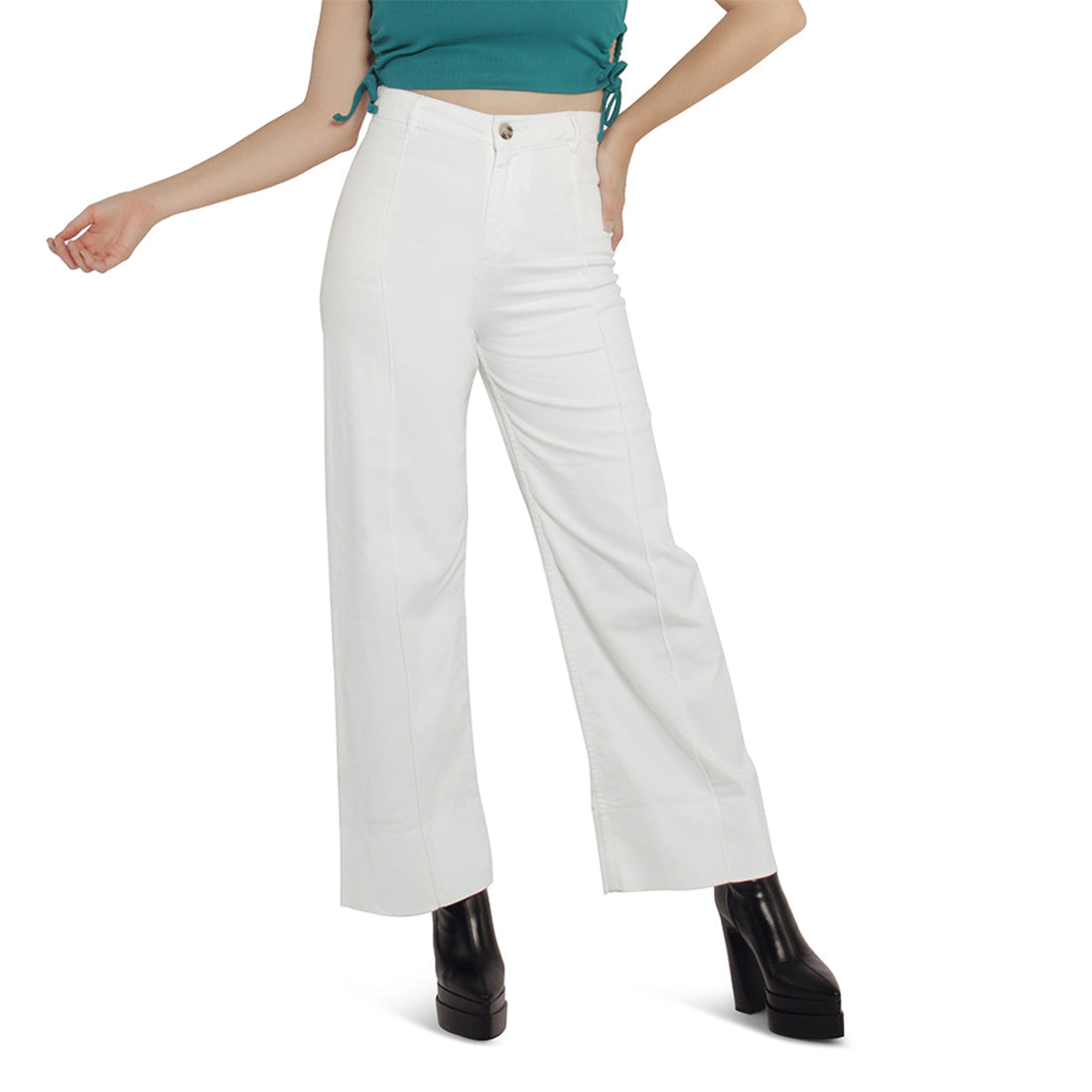 A pair of stylish women's flared pants made from 100% cotton, featuring a high-rise waist, wide leg design, and multiple functional pockets.