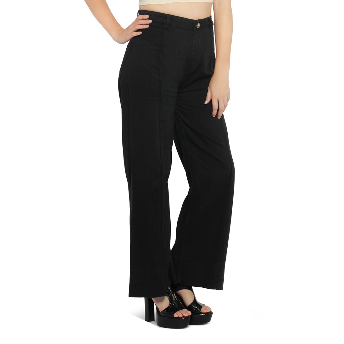 A pair of stylish women's flared pants made from 100% cotton, featuring a high-rise waist, wide leg design, and multiple functional pockets.