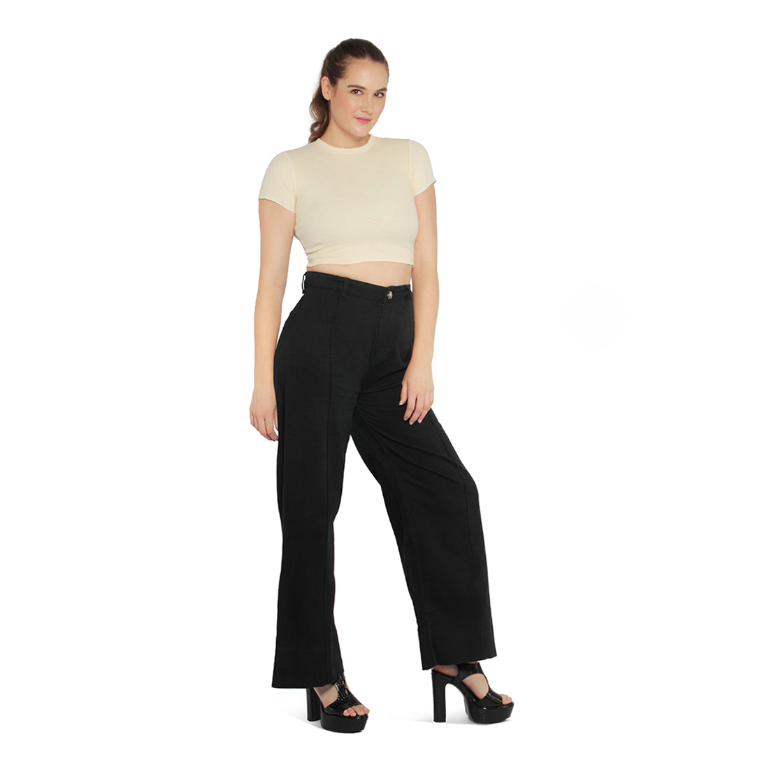 A pair of stylish women's flared pants made from 100% cotton, featuring a high-rise waist, wide leg design, and multiple functional pockets.