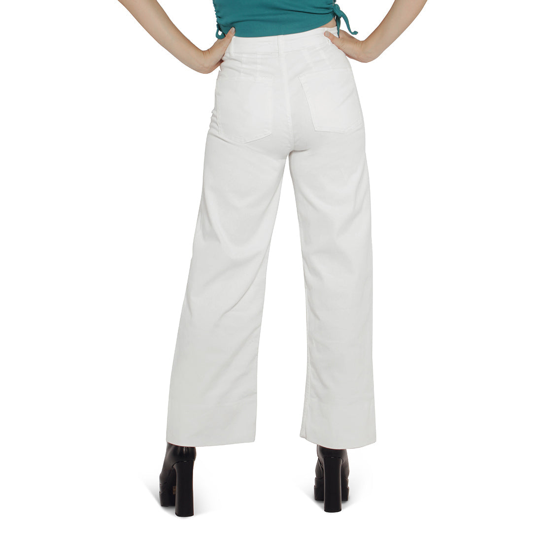 A pair of stylish women's flared pants made from 100% cotton, featuring a high-rise waist, wide leg design, and multiple functional pockets.