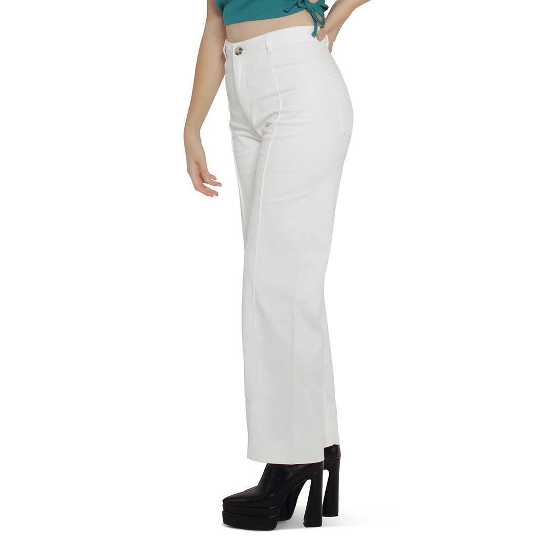 A pair of stylish women's flared pants made from 100% cotton, featuring a high-rise waist, wide leg design, and multiple functional pockets.