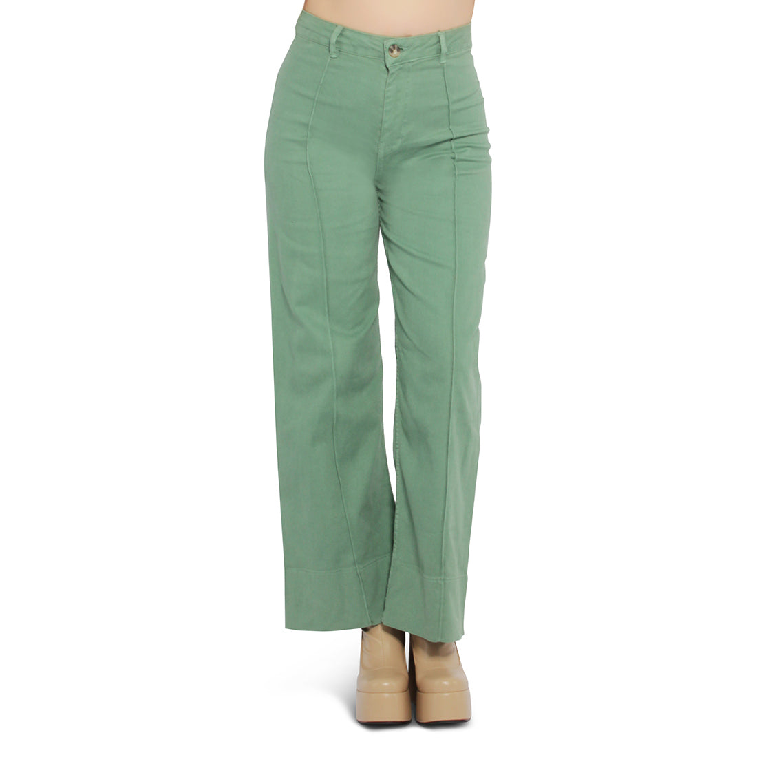 A pair of stylish women's flared pants made from 100% cotton, featuring a high-rise waist, wide leg design, and multiple functional pockets.