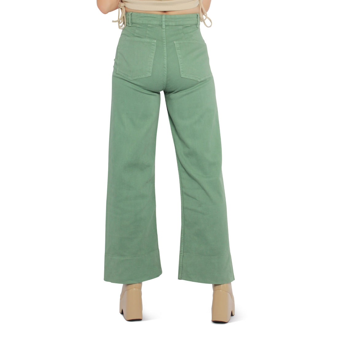 A pair of stylish women's flared pants made from 100% cotton, featuring a high-rise waist, wide leg design, and multiple functional pockets.