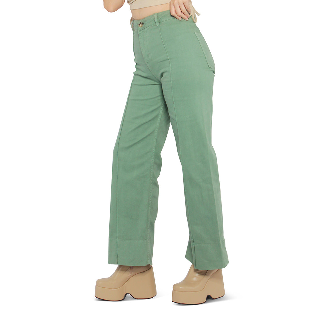 A pair of stylish women's flared pants made from 100% cotton, featuring a high-rise waist, wide leg design, and multiple functional pockets.