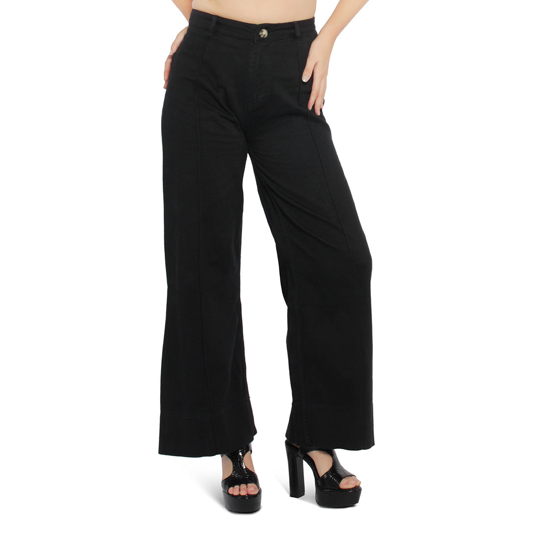 A pair of stylish women's flared pants made from 100% cotton, featuring a high-rise waist, wide leg design, and multiple functional pockets.