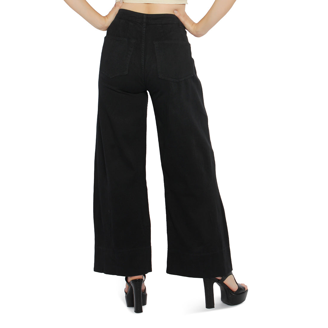 A pair of stylish women's flared pants made from 100% cotton, featuring a high-rise waist, wide leg design, and multiple functional pockets.