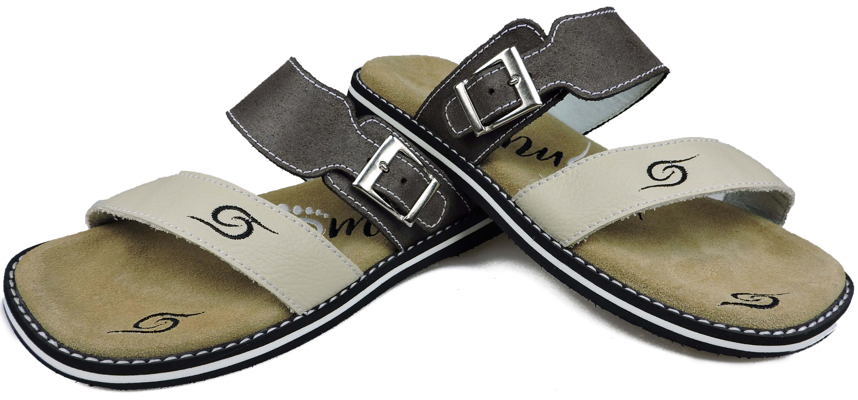 Stylish braun/beige leather flip-flops with adjustable strap and anatomical insoles, perfect for summer wear.