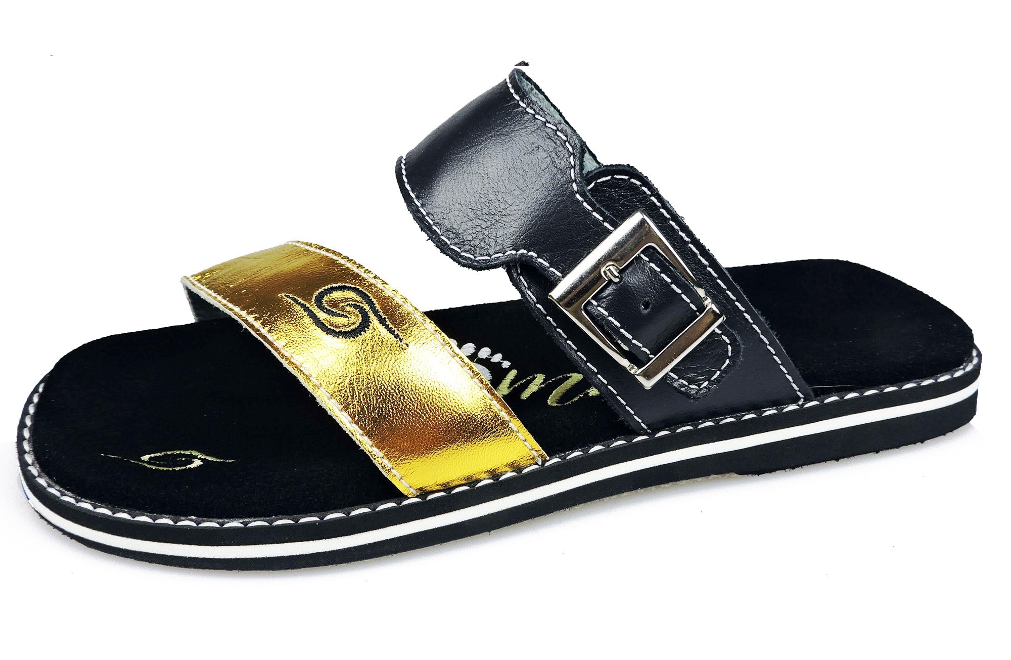 Stylish schwarz/gold Flip-Flops 4050 featuring leather material and adjustable buckle strap.