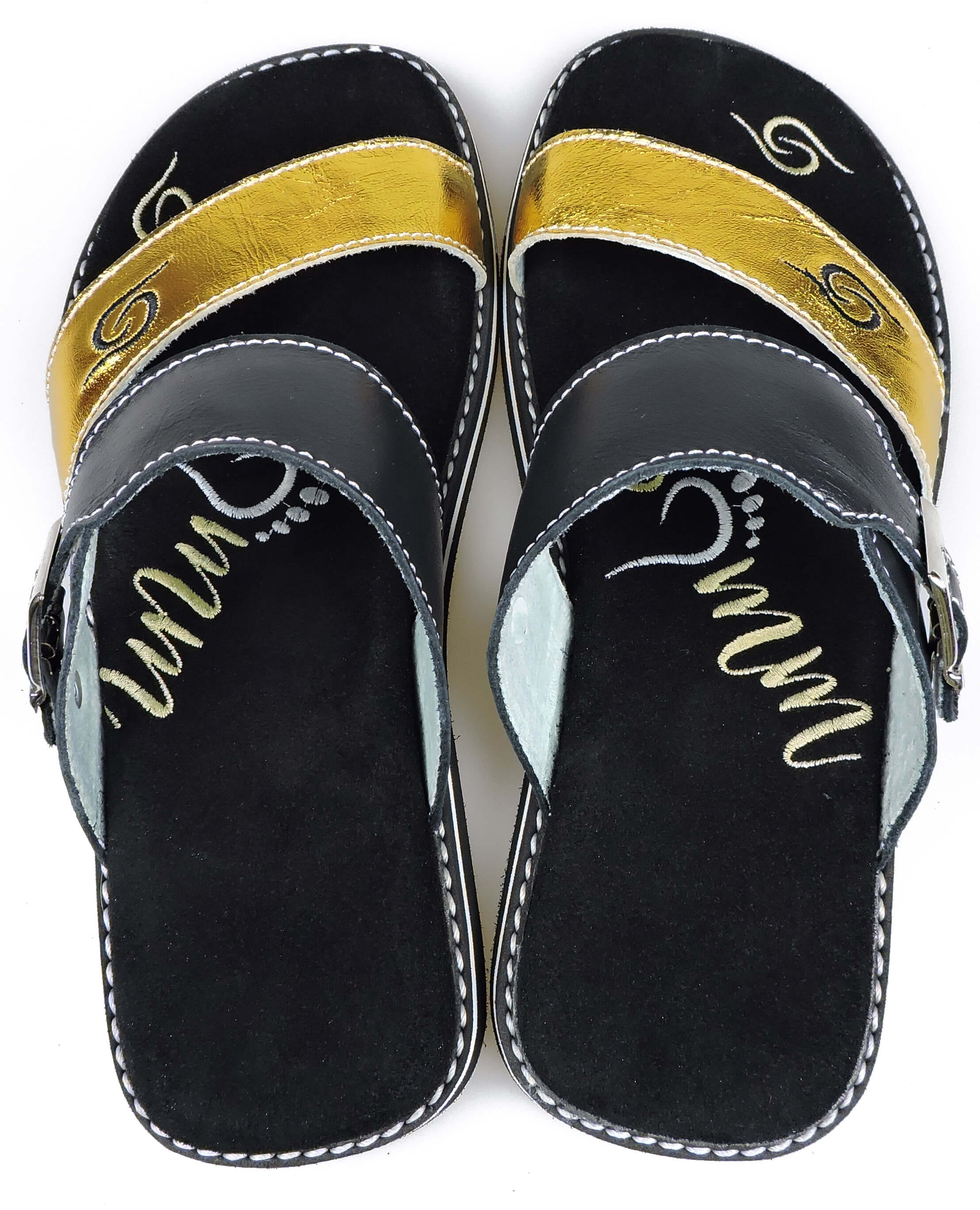 Stylish schwarz/gold Flip-Flops 4050 featuring leather material and adjustable buckle strap.