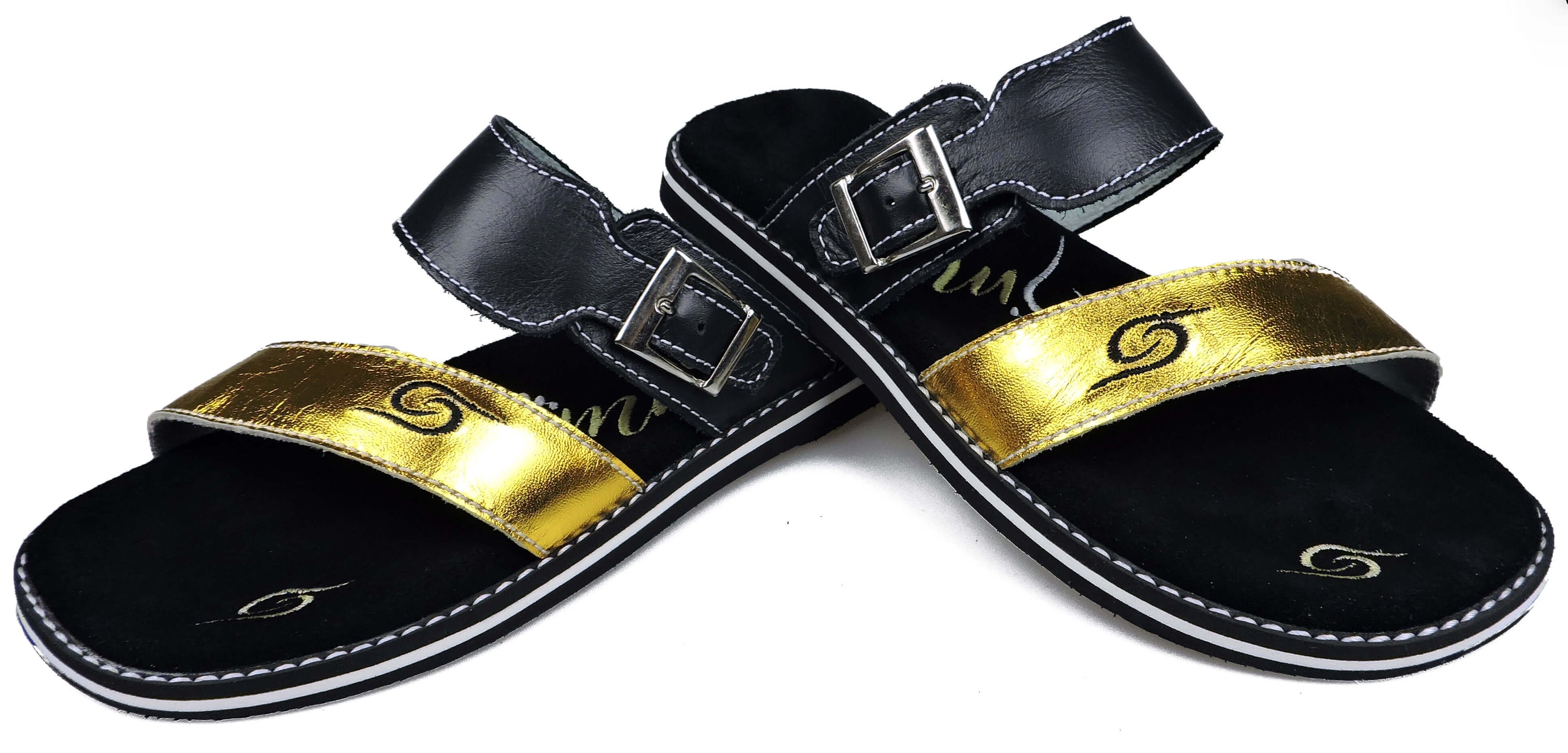 Stylish schwarz/gold Flip-Flops 4050 featuring leather material and adjustable buckle strap.