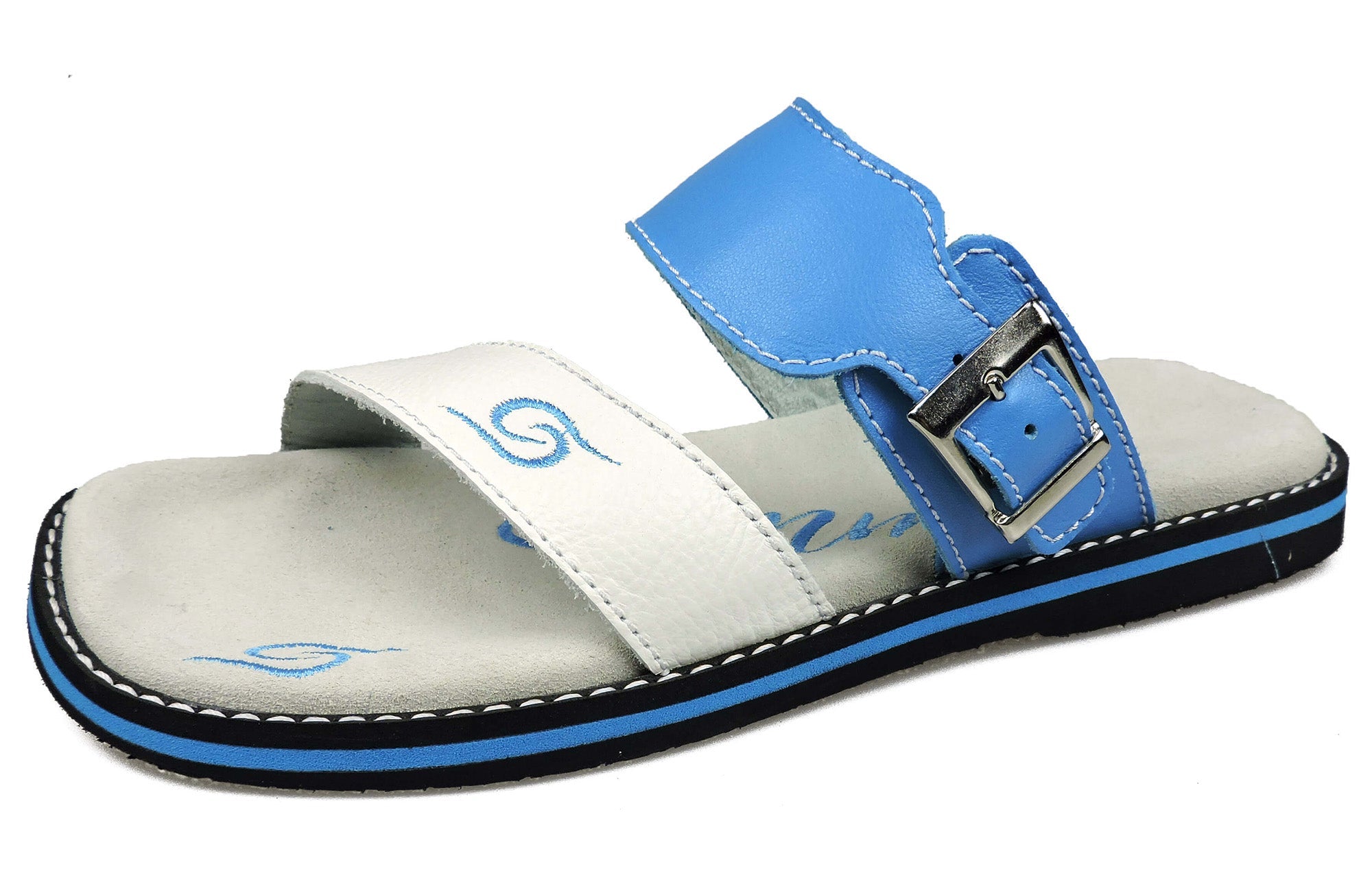 Stylish white and blue leather flip-flops with adjustable strap and anatomical insoles, perfect for summer wear.