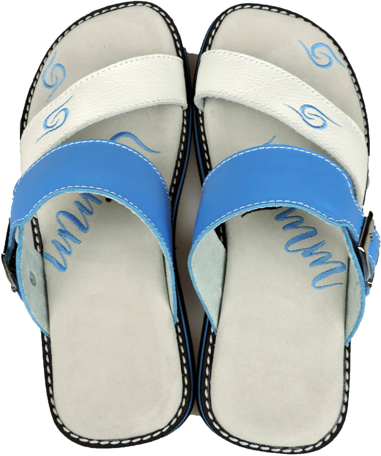 Stylish white and blue leather flip-flops with adjustable strap and anatomical insoles, perfect for summer wear.