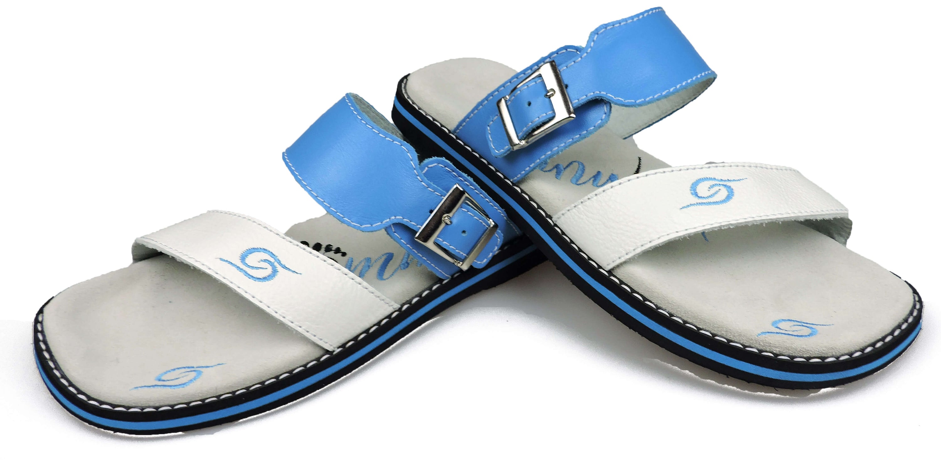 Stylish white and blue leather flip-flops with adjustable strap and anatomical insoles, perfect for summer wear.