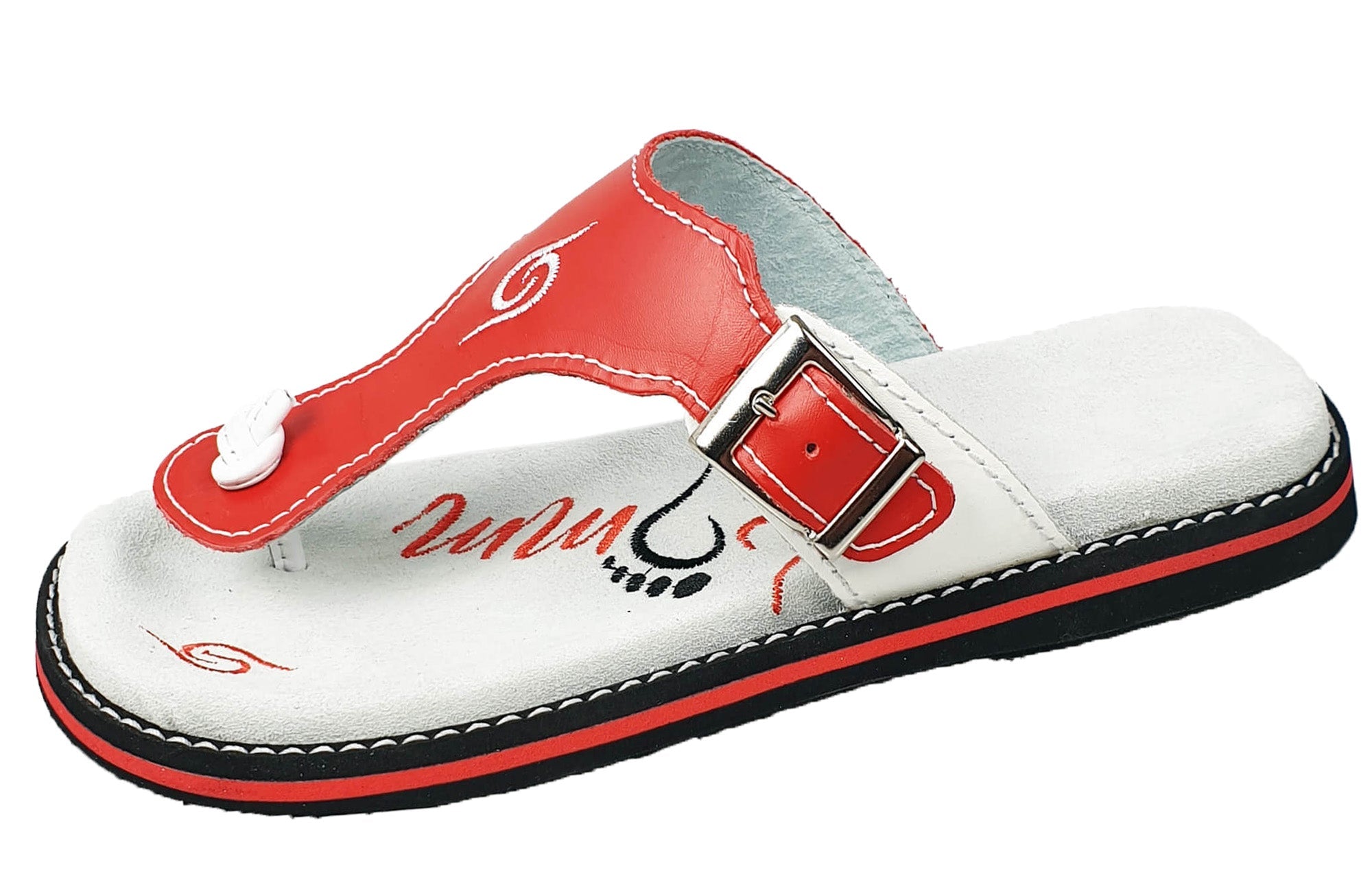 Stylish red and white leather flip-flops with adjustable strap and anatomical footbed, perfect for summer wear.