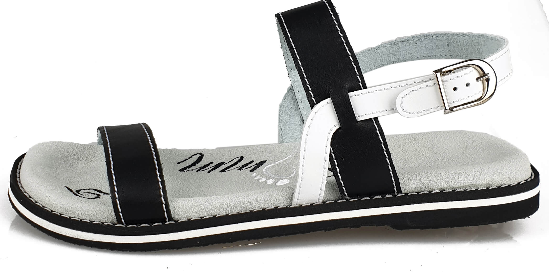 Stylish black and white leather flip-flops with adjustable strap and anatomical footbed, perfect for summer wear.