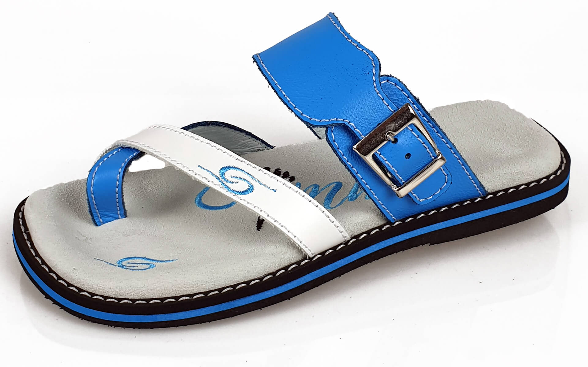 Stylish Flip-Flops 4054 in Blau/Weiss with leather material and adjustable strap.