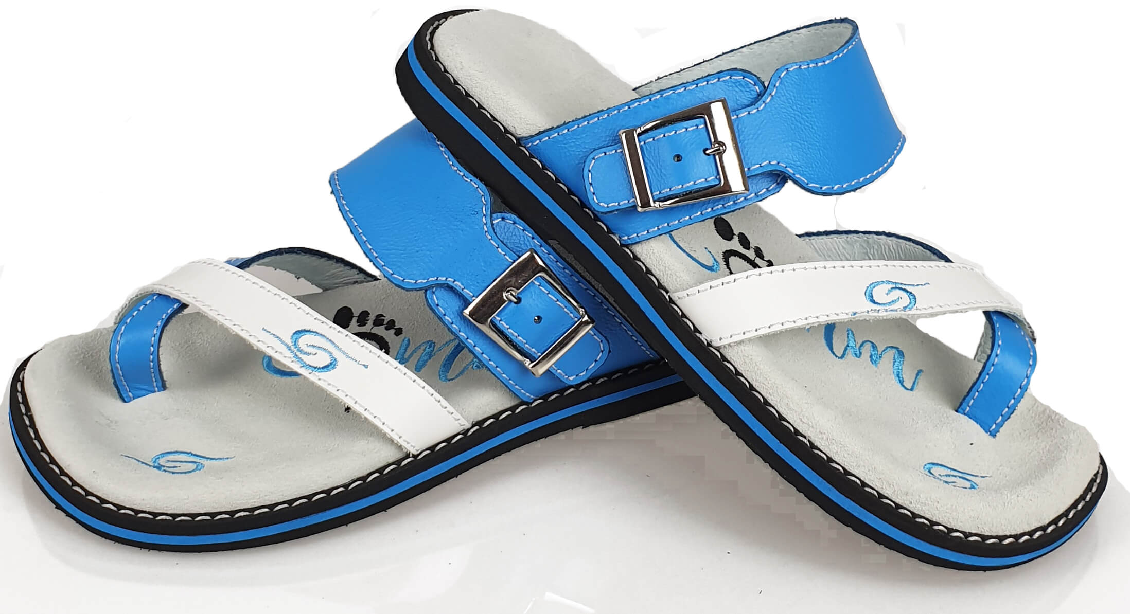 Stylish Flip-Flops 4054 in Blau/Weiss with leather material and adjustable strap.