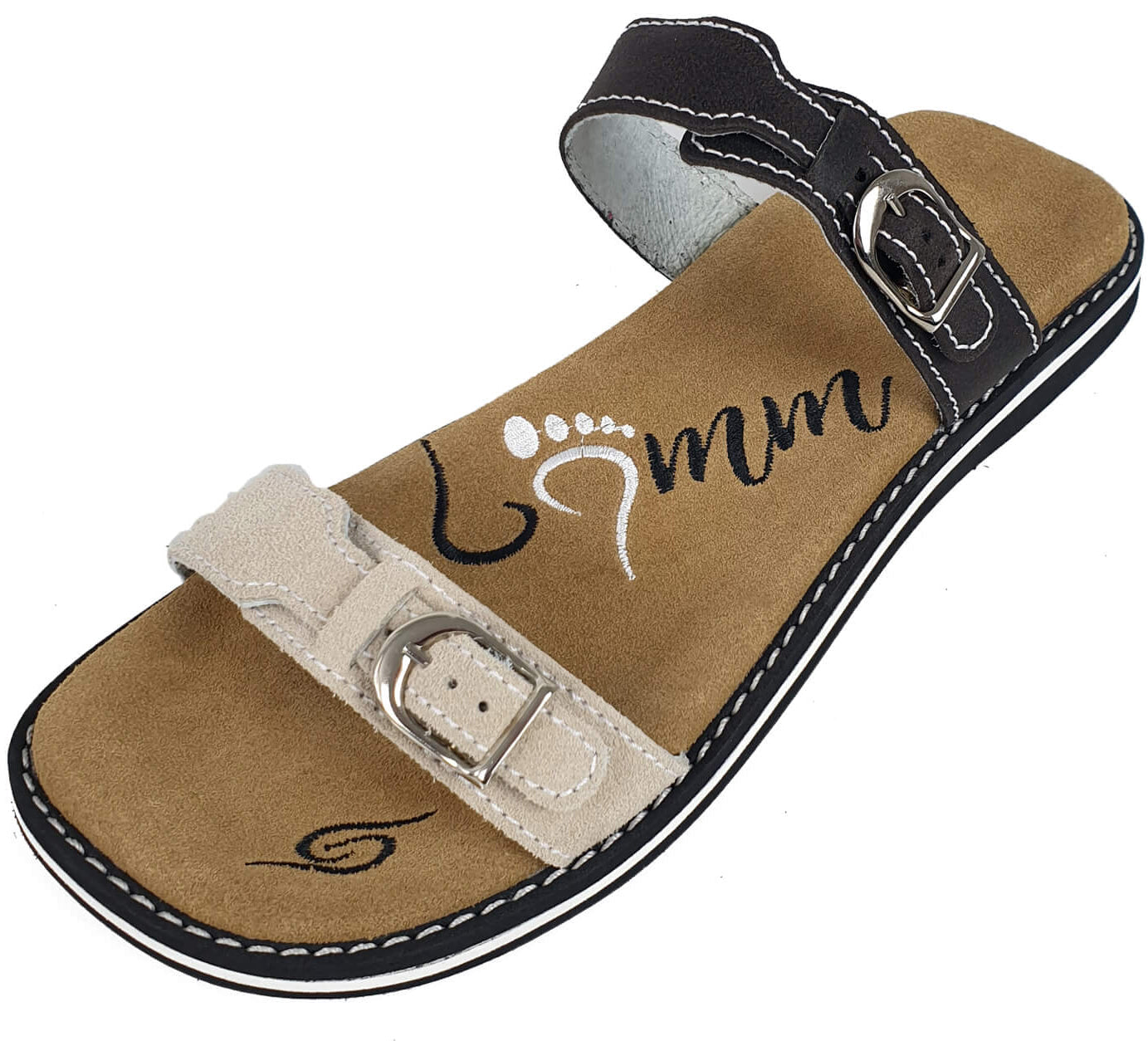 Stylish Braun/Beige leather flip-flops with adjustable strap and anatomical footbed.