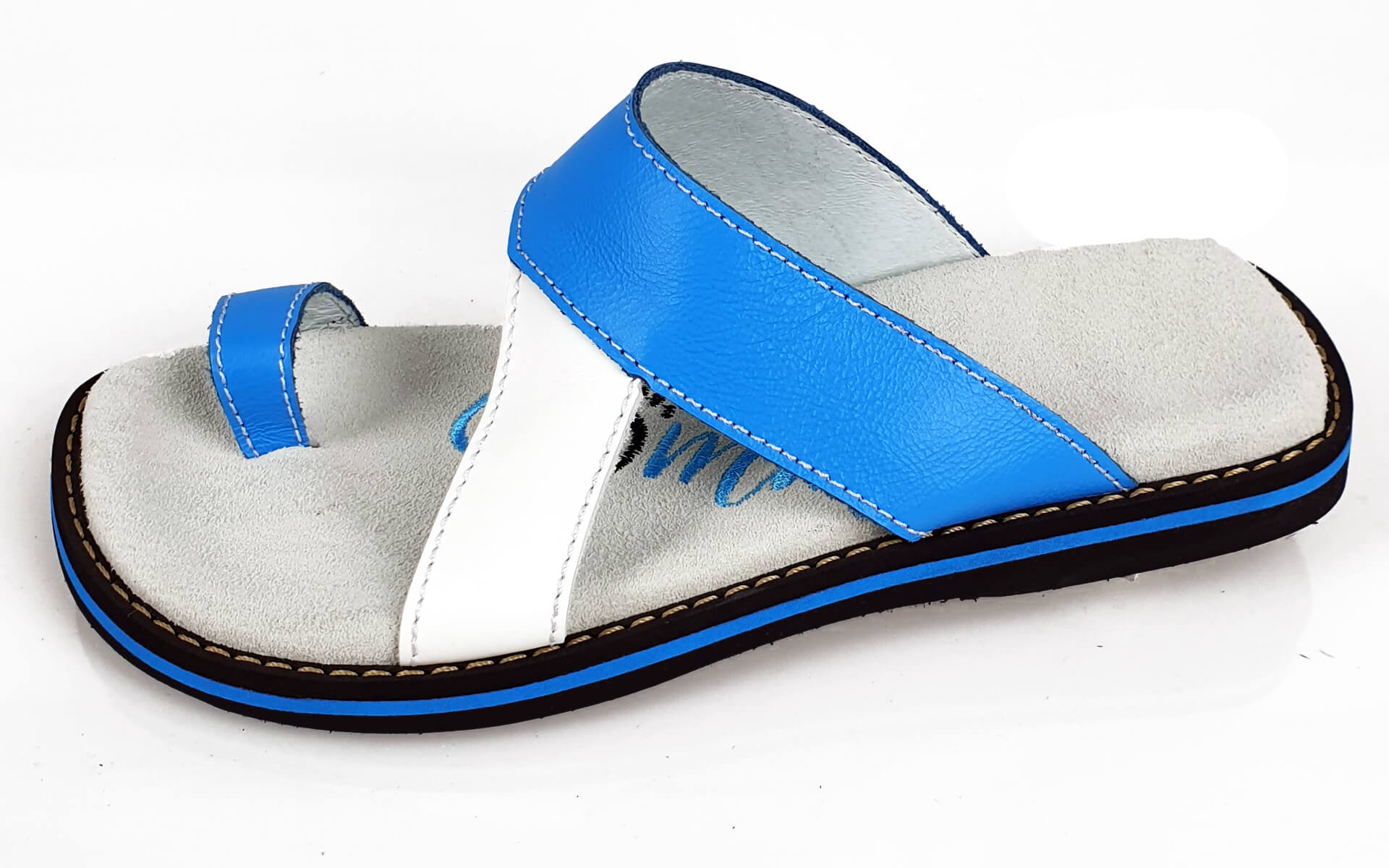 Stylish Blau/Weiss leather flip-flops with anatomical insoles, perfect for summer wear.