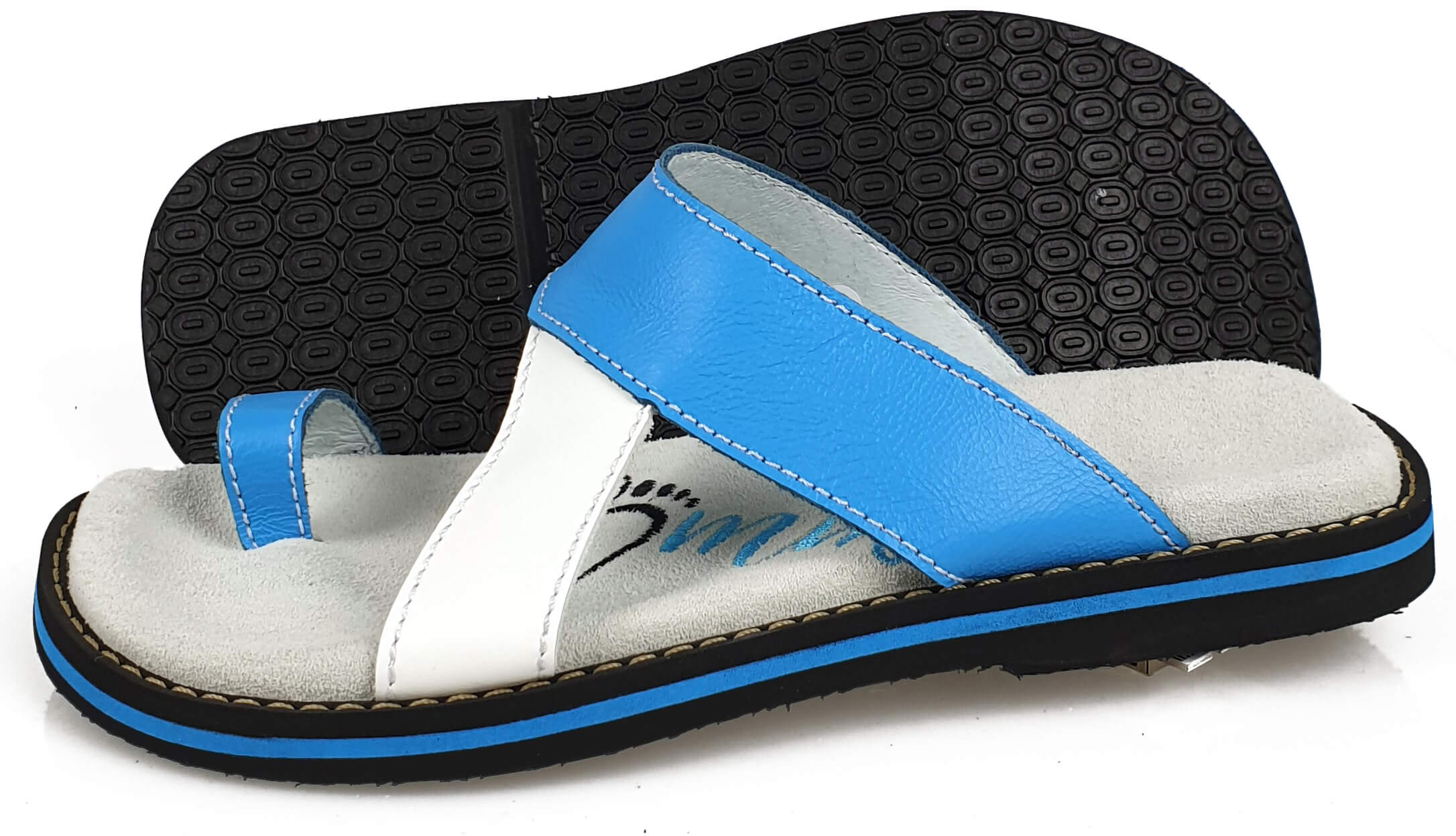 Stylish Blau/Weiss leather flip-flops with anatomical insoles, perfect for summer wear.