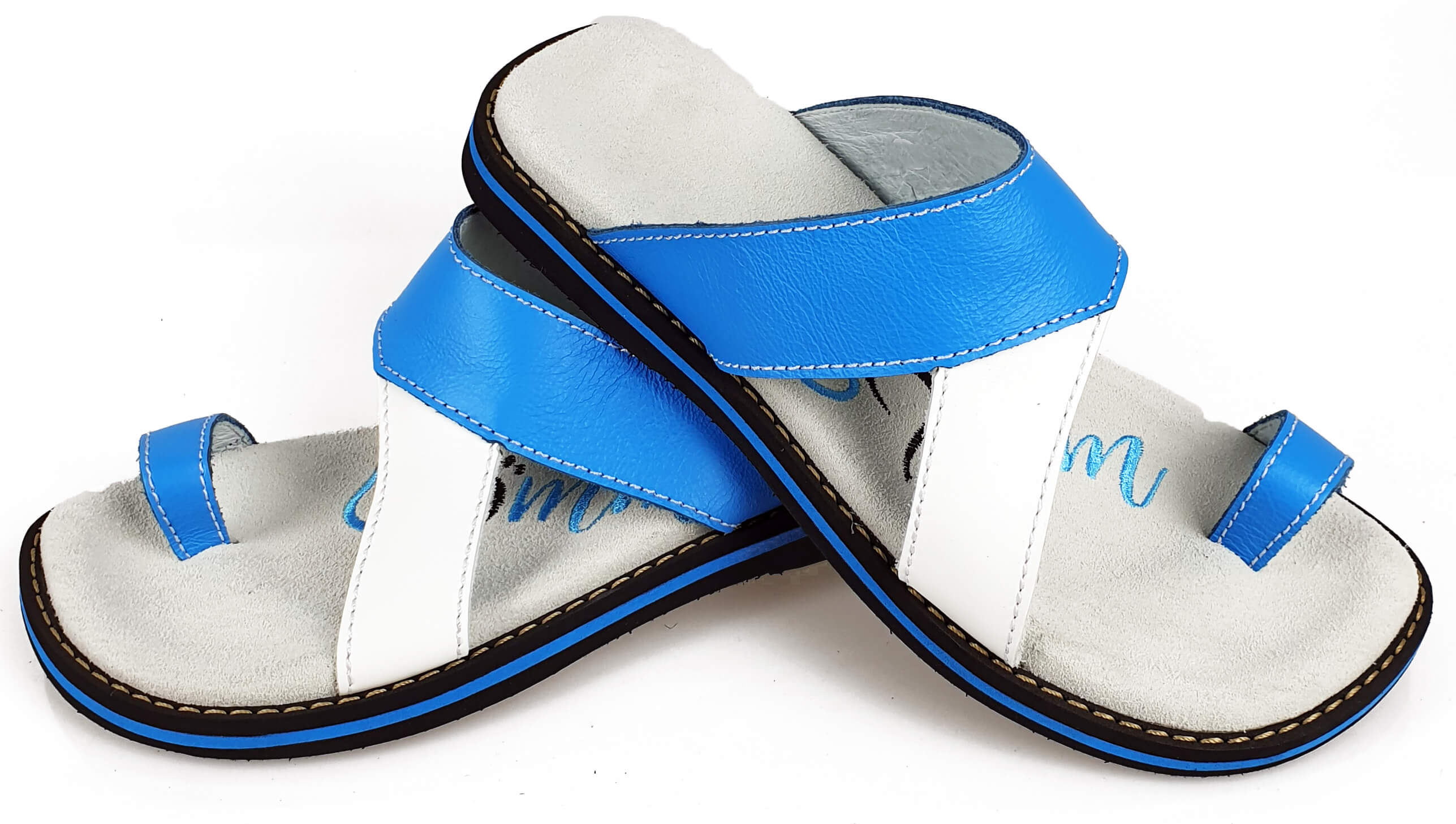 Stylish Blau/Weiss leather flip-flops with anatomical insoles, perfect for summer wear.