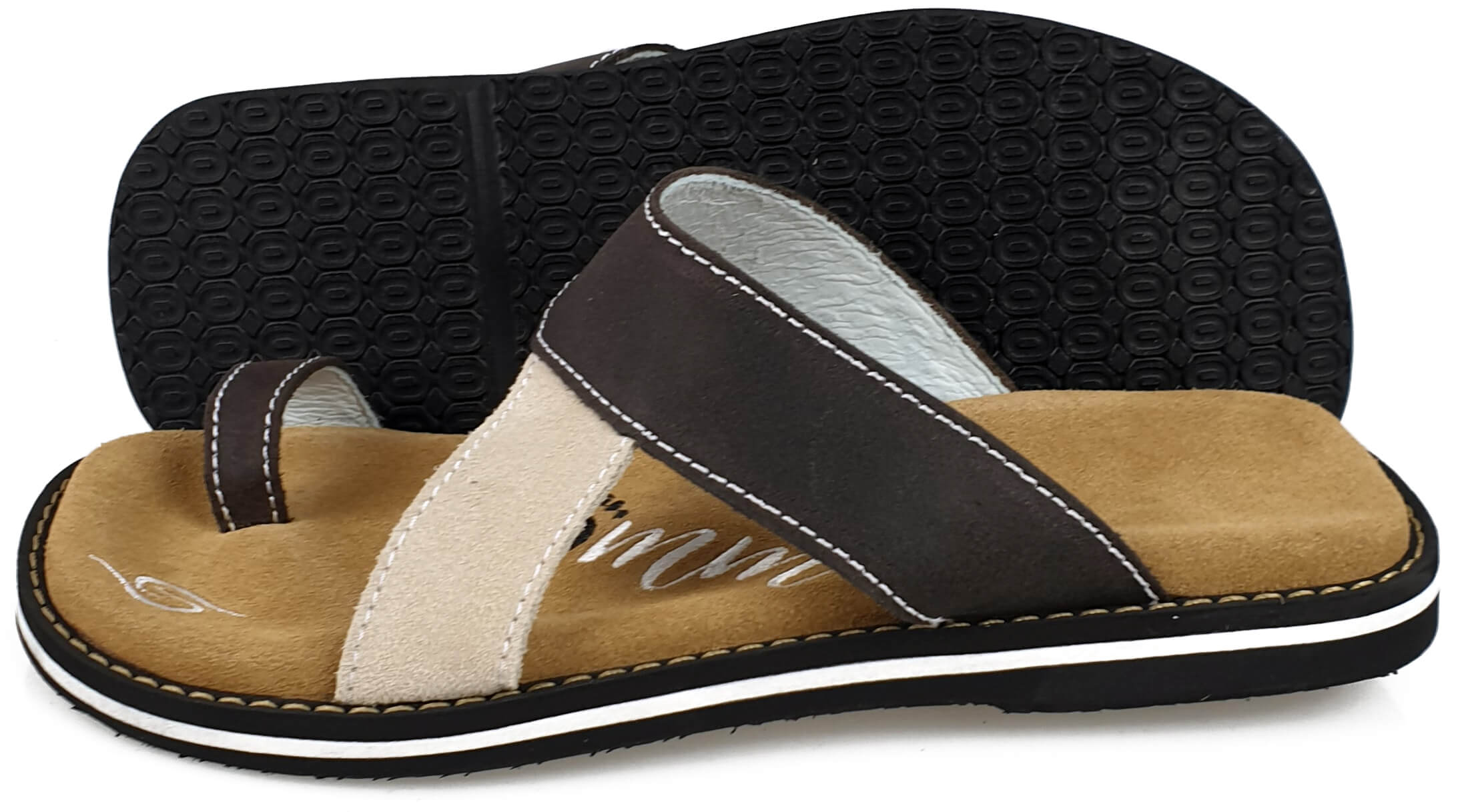 Stylish Braun and Beige leather flip-flops with anatomical footbed, perfect for summer wear.