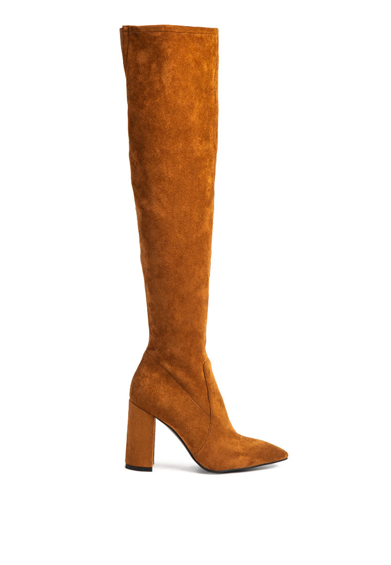 Flittle Over-The-Knee Boots featuring a stylish design with a block heel and pointed toe, made from faux leather.