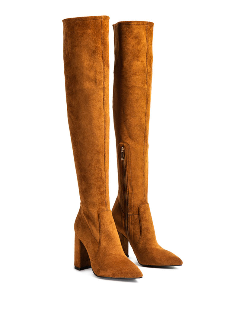 Flittle Over-The-Knee Boots featuring a stylish design with a block heel and pointed toe, made from faux leather.