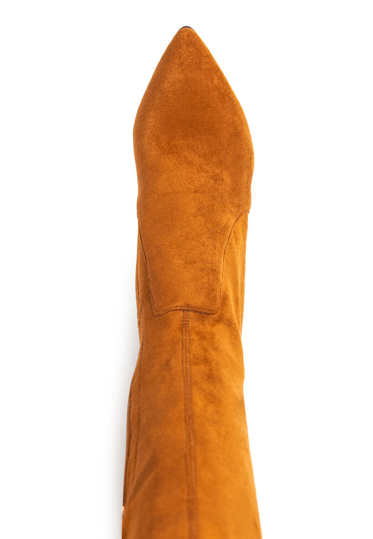 Flittle Over-The-Knee Boots featuring a stylish design with a block heel and pointed toe, made from faux leather.