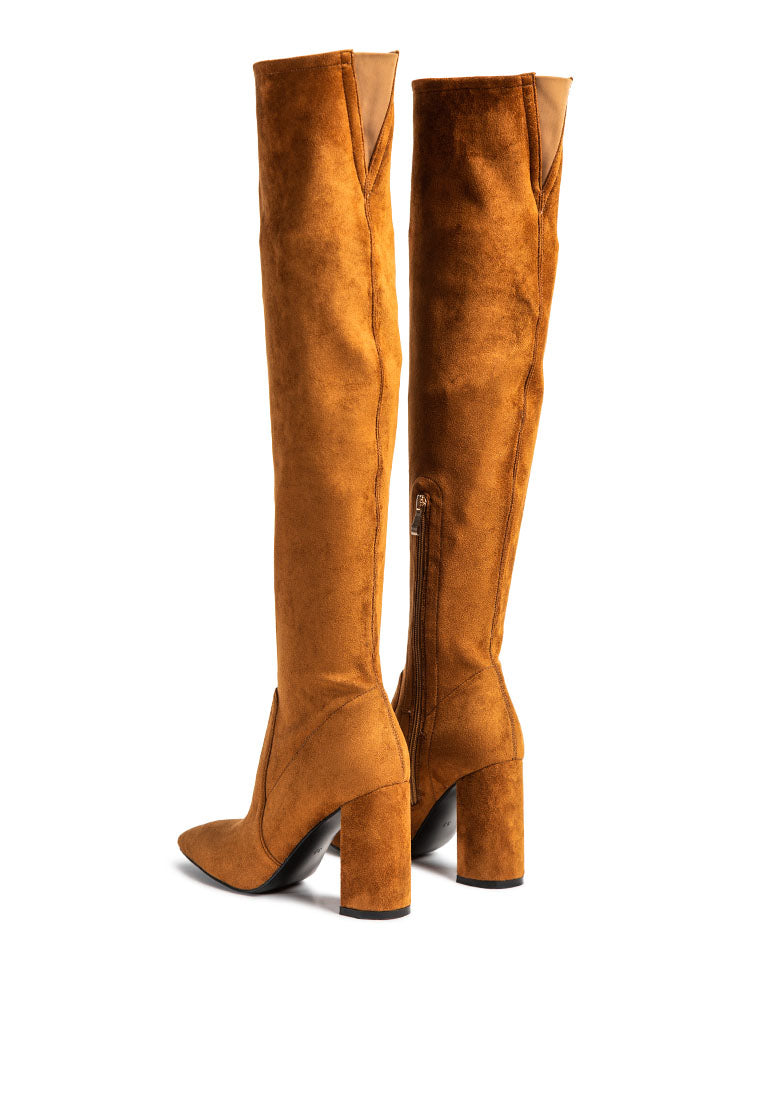 Flittle Over-The-Knee Boots featuring a stylish design with a block heel and pointed toe, made from faux leather.