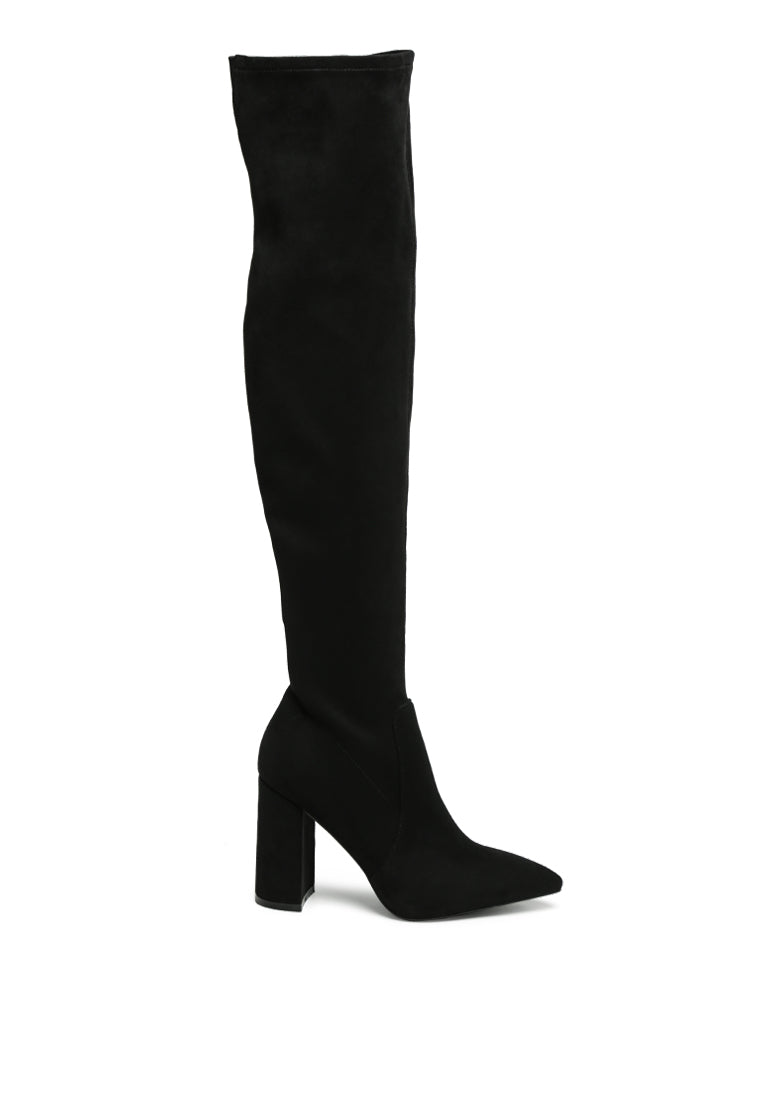 Flittle Over-The-Knee Boots featuring a stylish design with a block heel and pointed toe, made from faux leather.