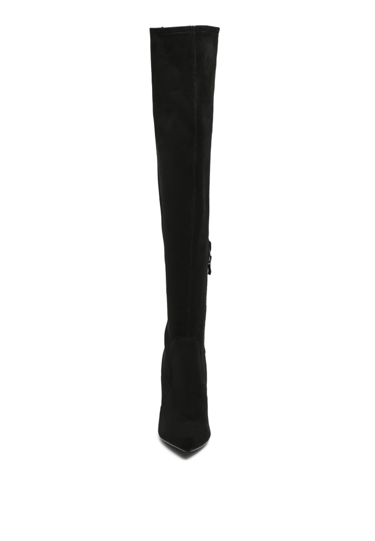 Flittle Over-The-Knee Boots featuring a stylish design with a block heel and pointed toe, made from faux leather.