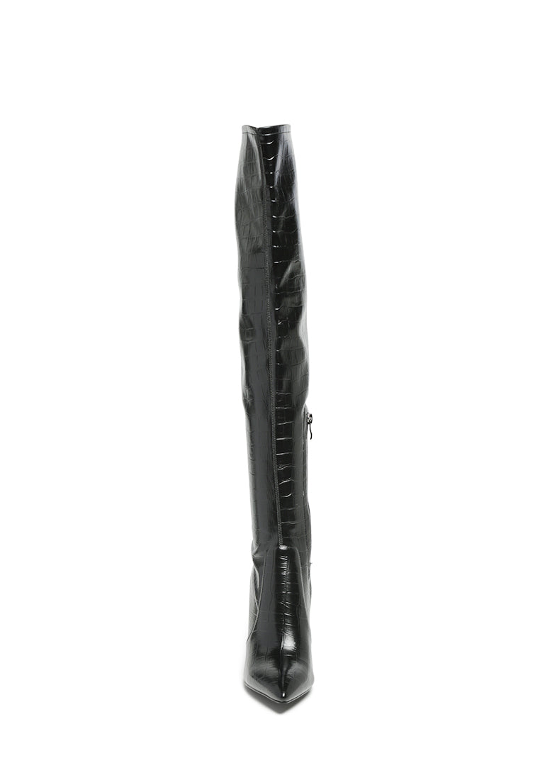 Flittle Over-The-Knee Boots featuring a stylish design with a block heel and pointed toe, made from faux leather.