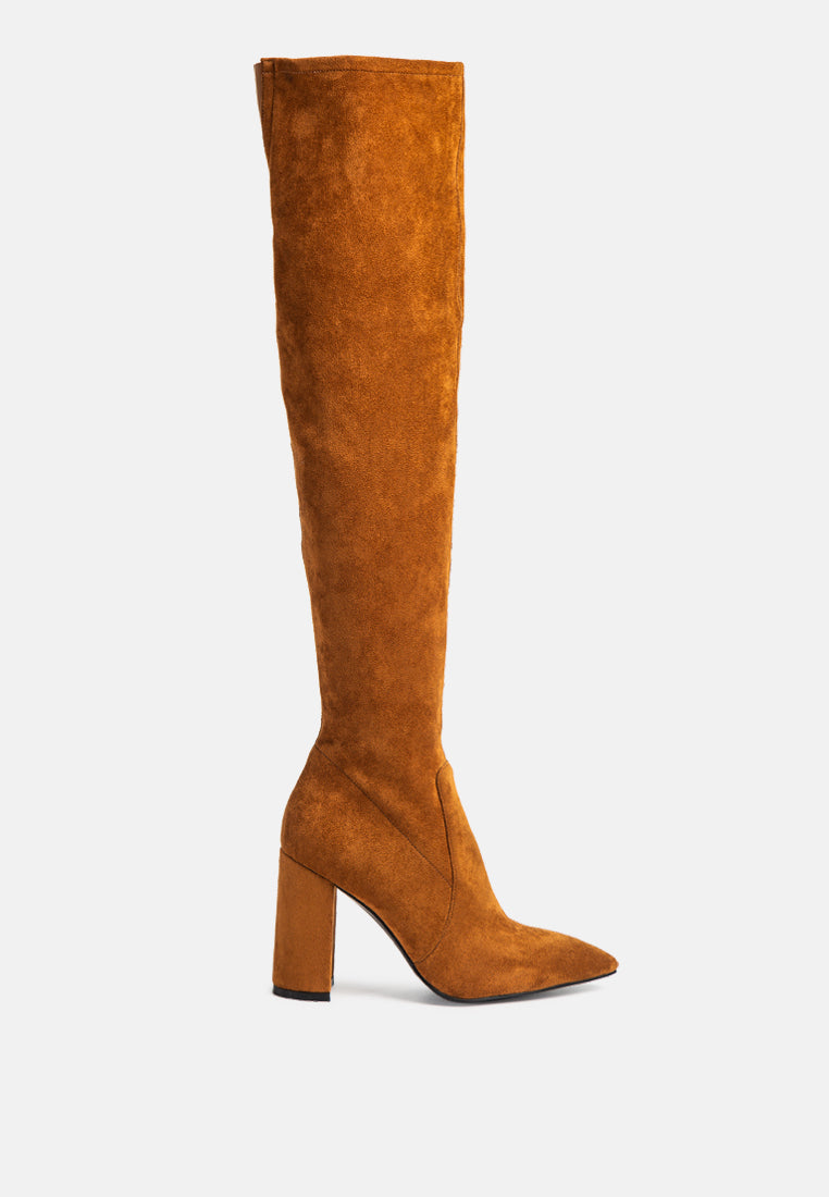 Flittle Over-The-Knee Boots featuring a stylish design with a block heel and pointed toe, made from faux leather.