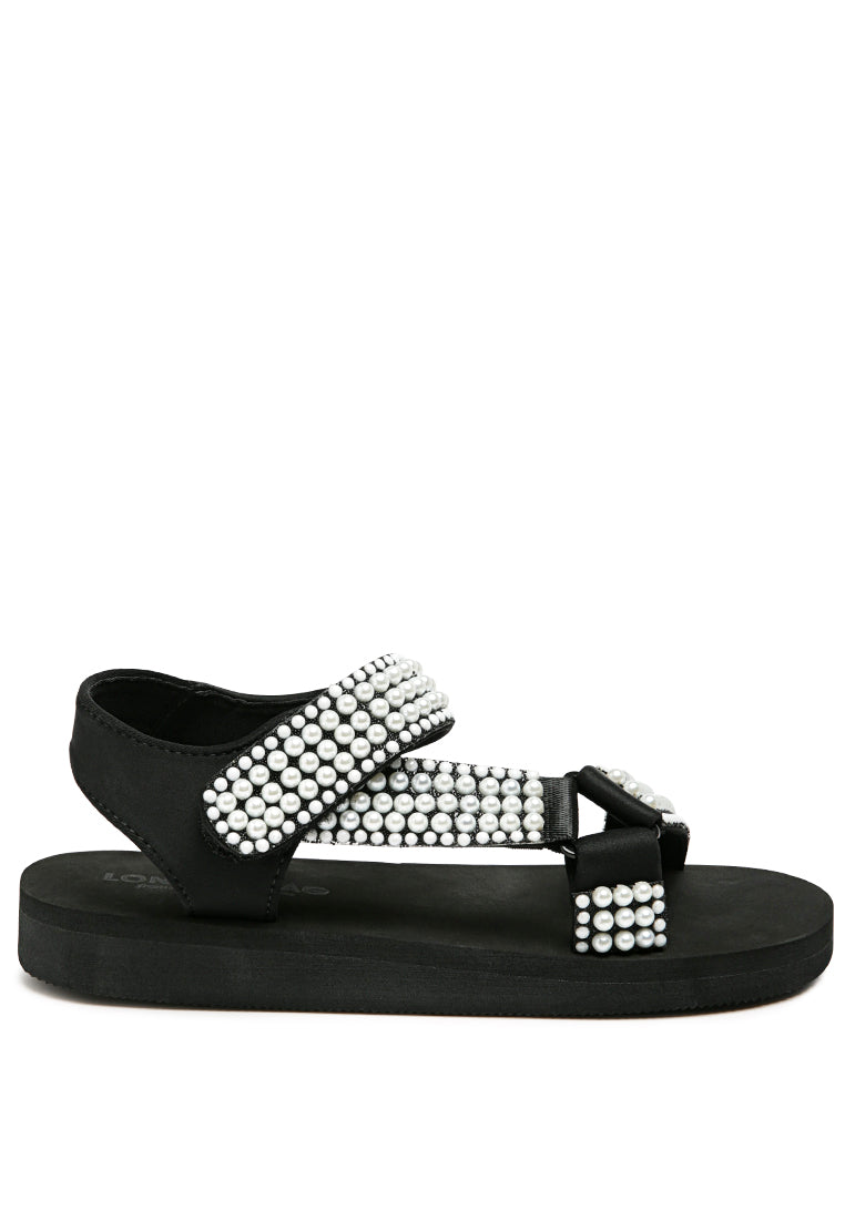 Stylish Floater Sandals in Black with faux pearl details and Velcro fastening, perfect for casual wear.