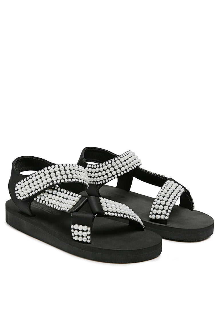 Stylish Floater Sandals in Black with faux pearl details and Velcro fastening, perfect for casual wear.