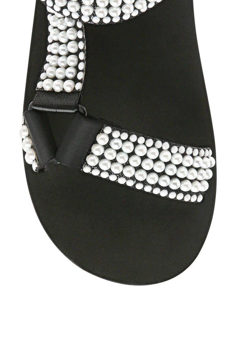 Stylish Floater Sandals in Black with faux pearl details and Velcro fastening, perfect for casual wear.