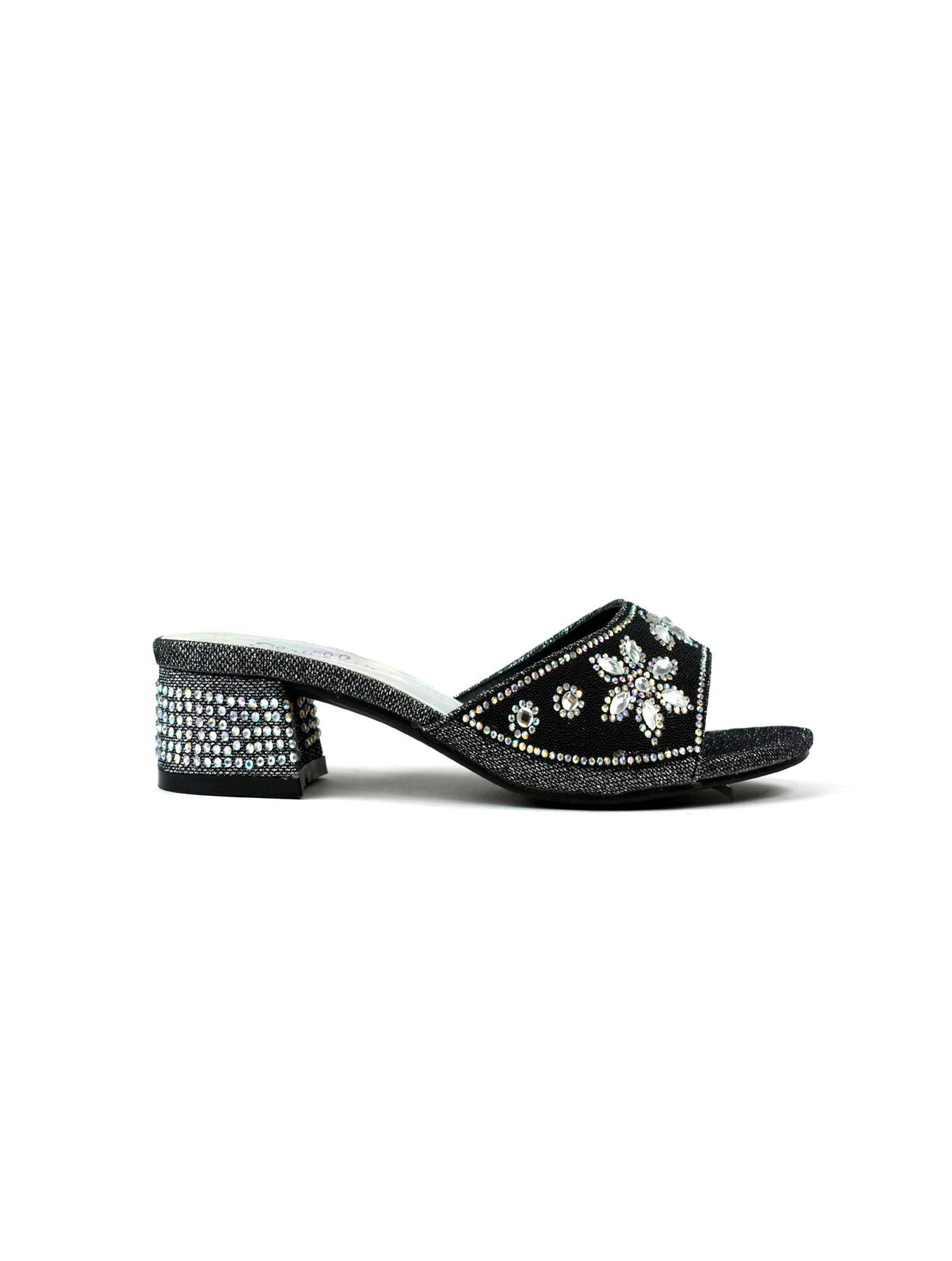 Elegant black block heel adorned with sparkling diamantes, perfect for stylish occasions.