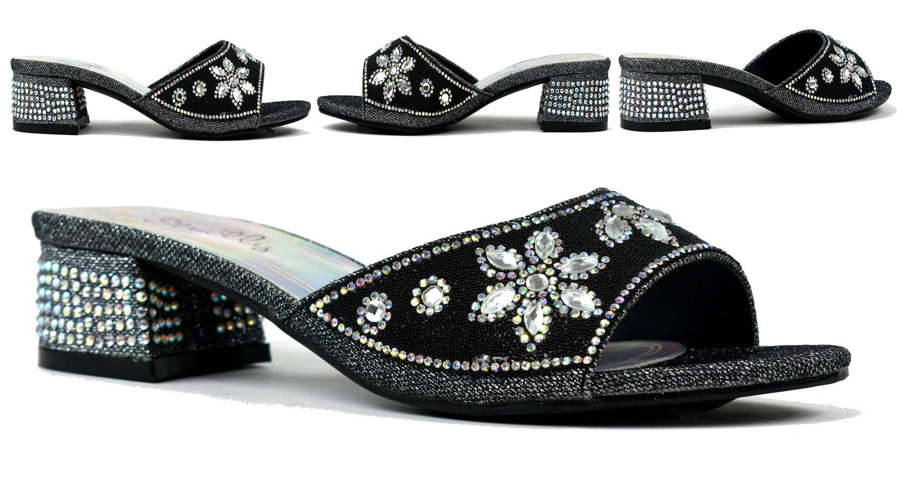 Elegant black block heel adorned with sparkling diamantes, perfect for stylish occasions.