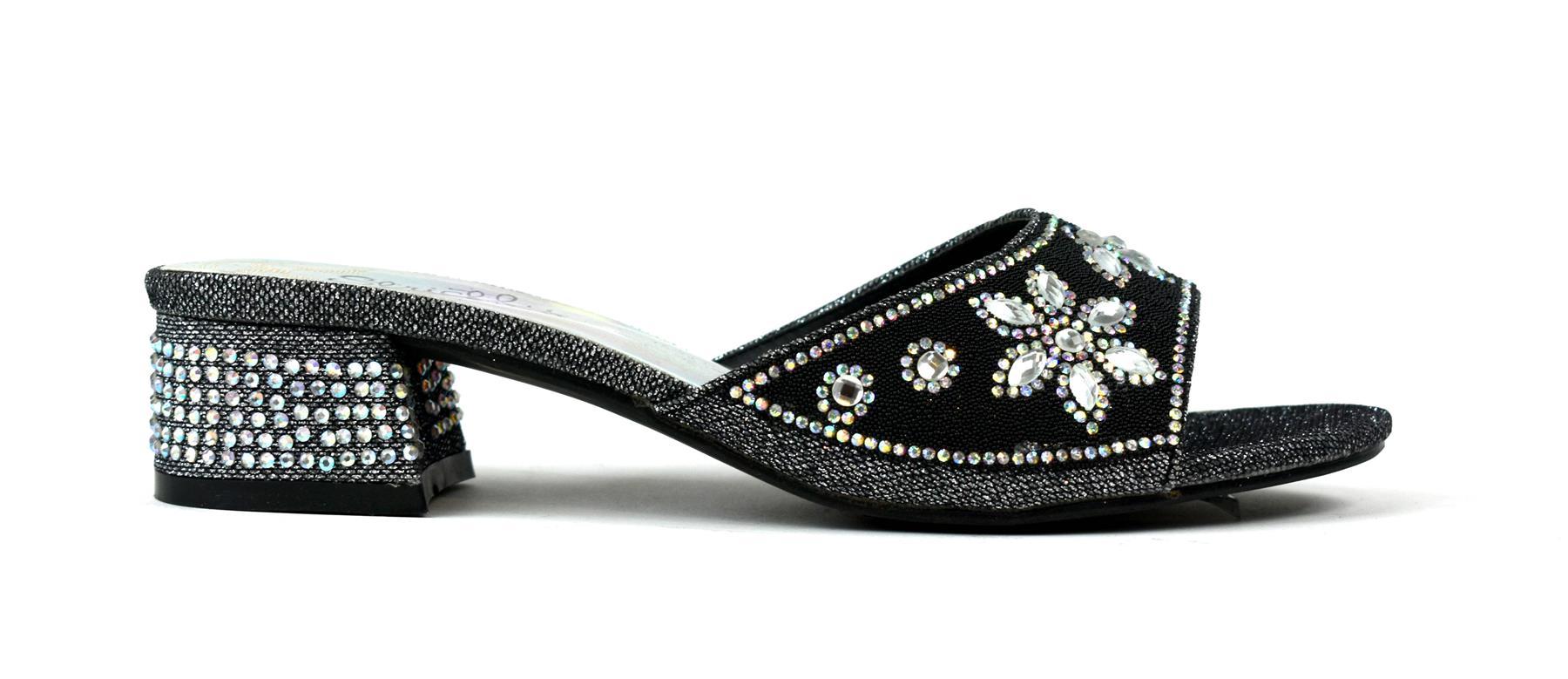 Elegant black block heel adorned with sparkling diamantes, perfect for stylish occasions.