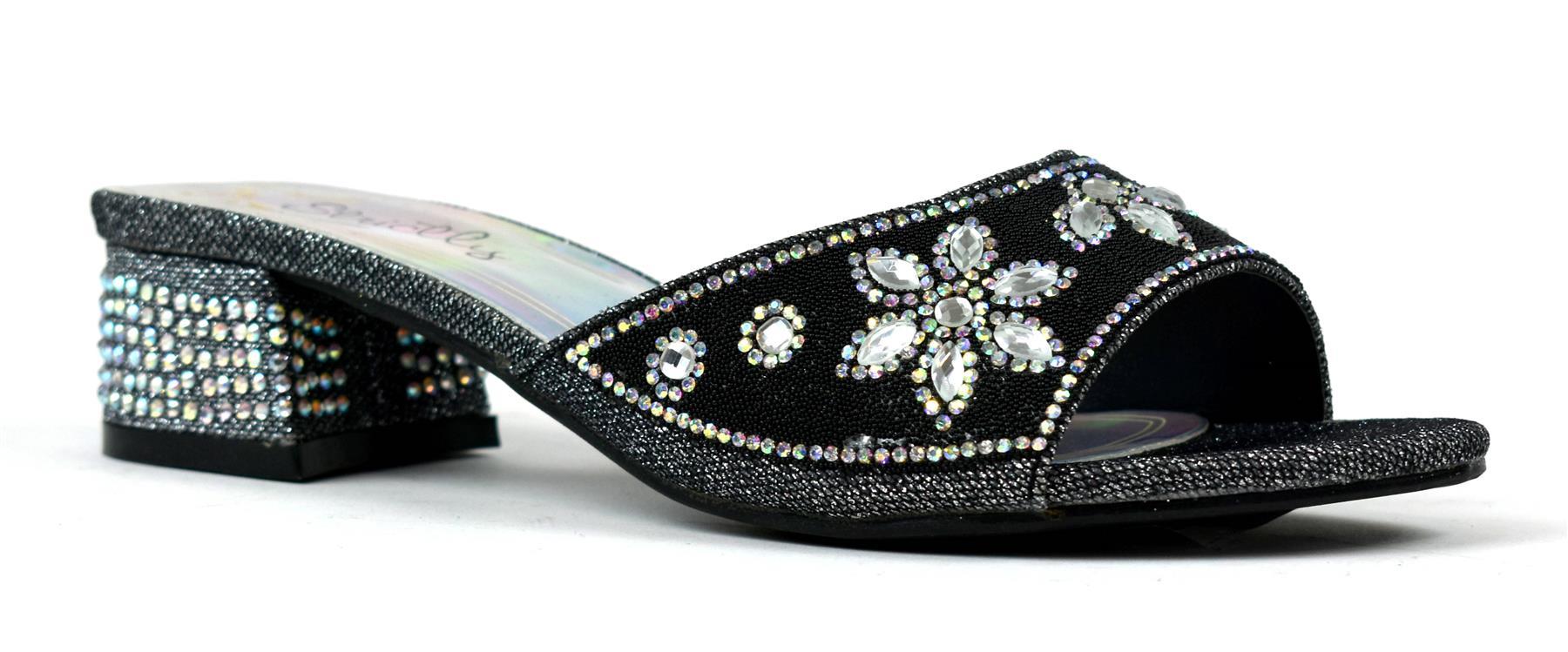 Elegant black block heel adorned with sparkling diamantes, perfect for stylish occasions.