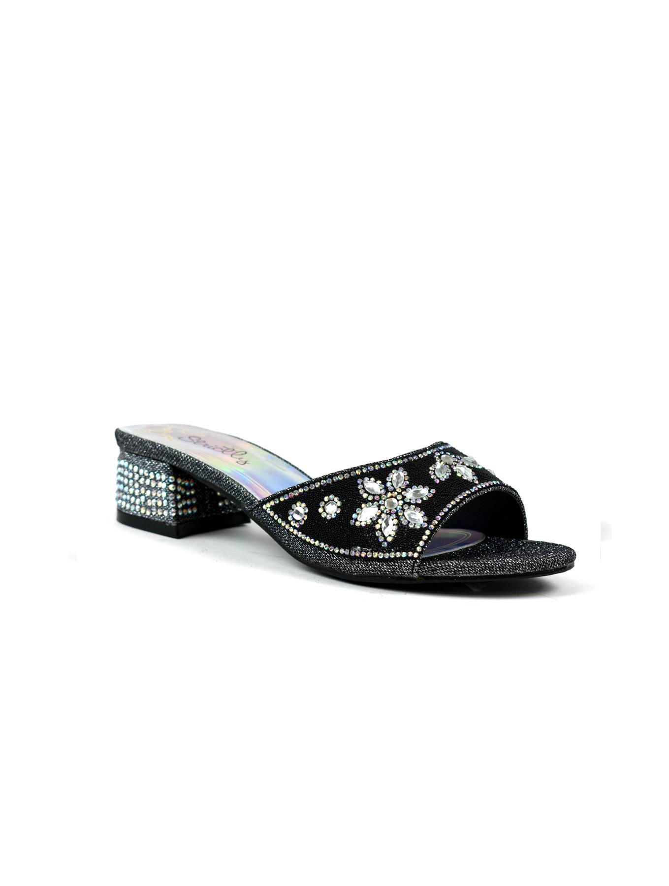 Elegant black block heel adorned with sparkling diamantes, perfect for stylish occasions.