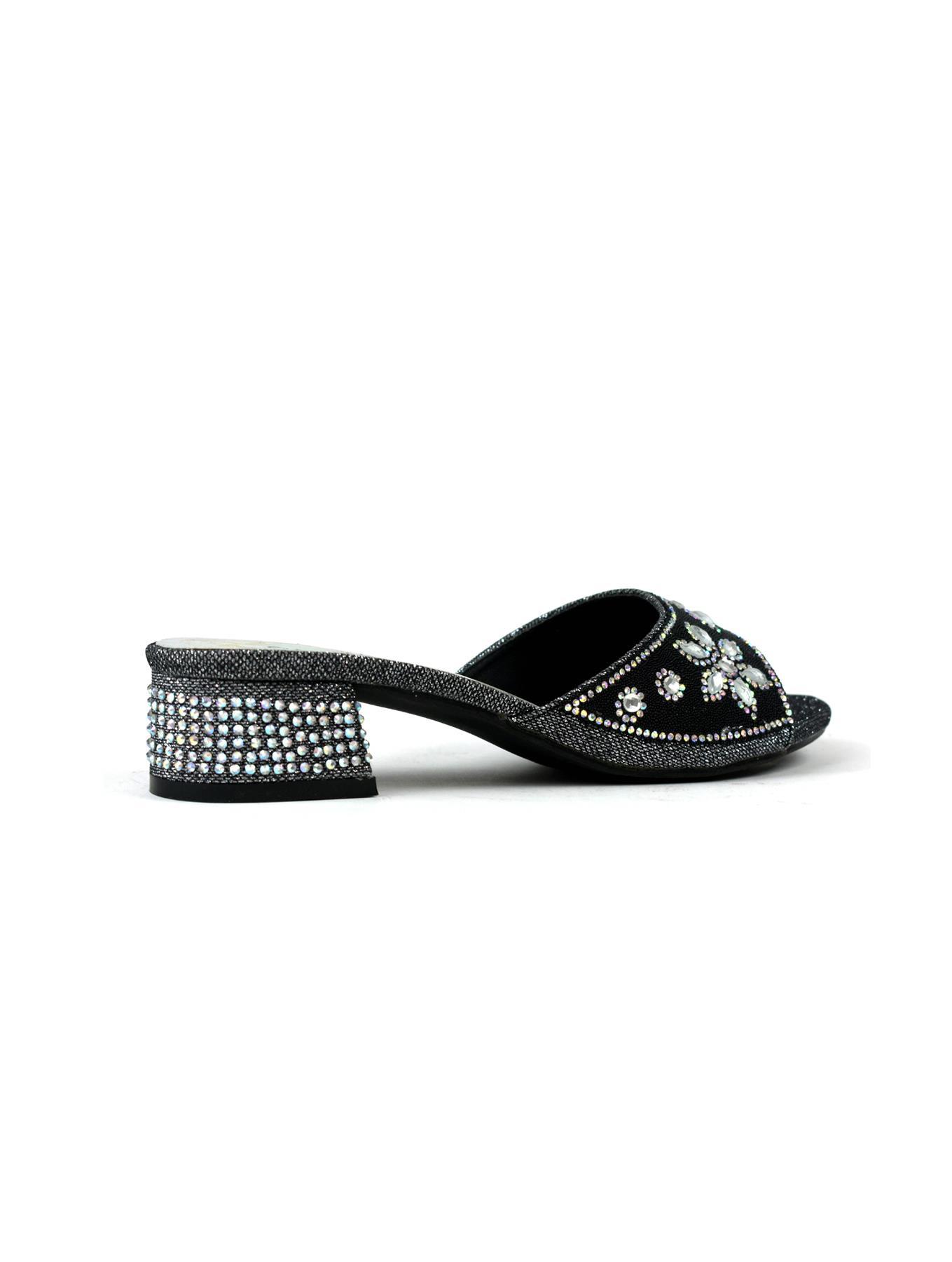 Elegant black block heel adorned with sparkling diamantes, perfect for stylish occasions.