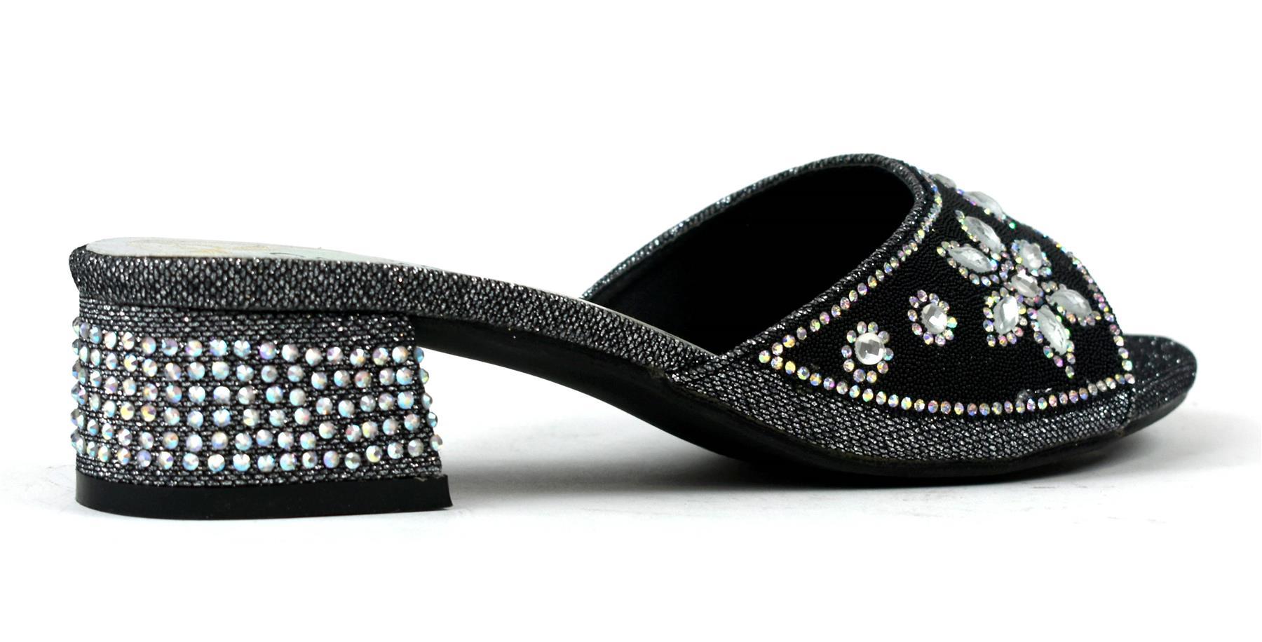 Elegant black block heel adorned with sparkling diamantes, perfect for stylish occasions.