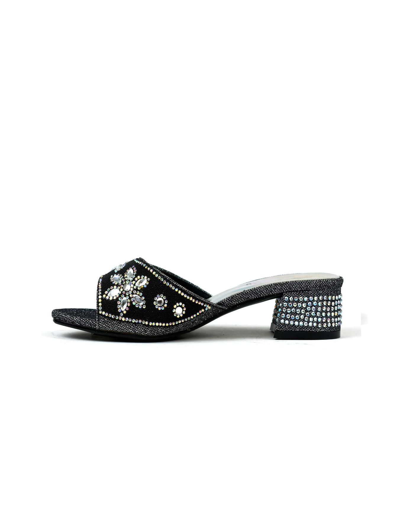 Elegant black block heel adorned with sparkling diamantes, perfect for stylish occasions.