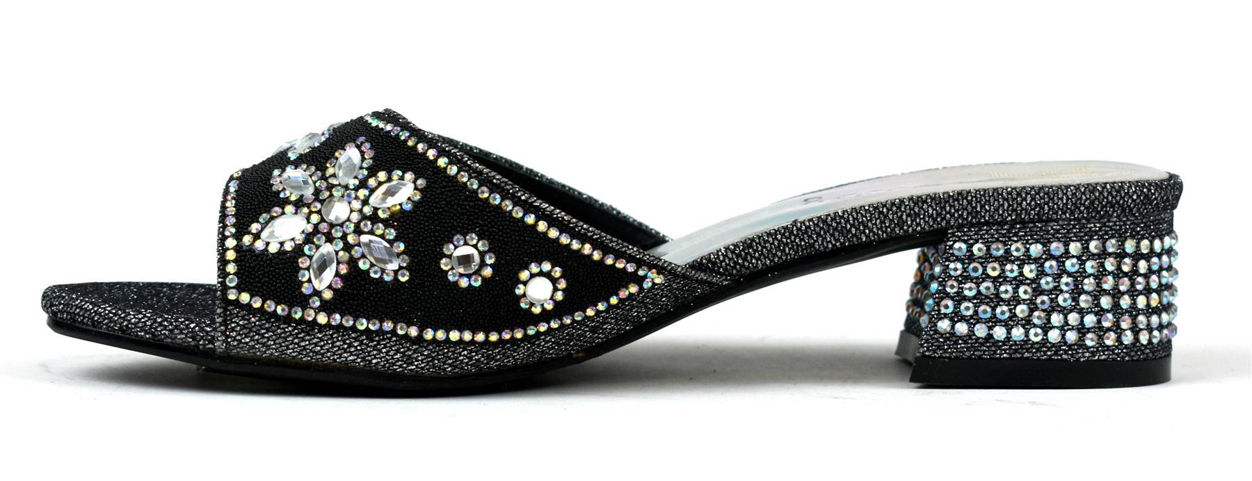 Elegant black block heel adorned with sparkling diamantes, perfect for stylish occasions.