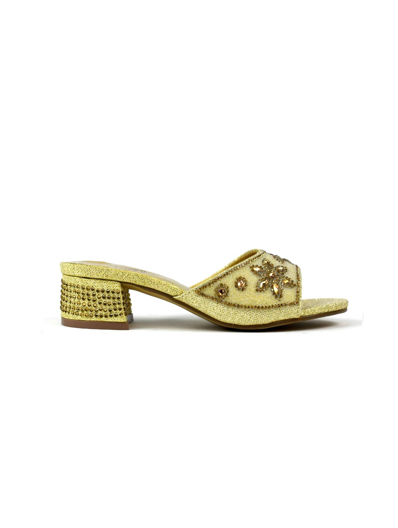 Elegant Flower Stone Diamante Block Heel in Gold with sparkling details, perfect for special occasions.