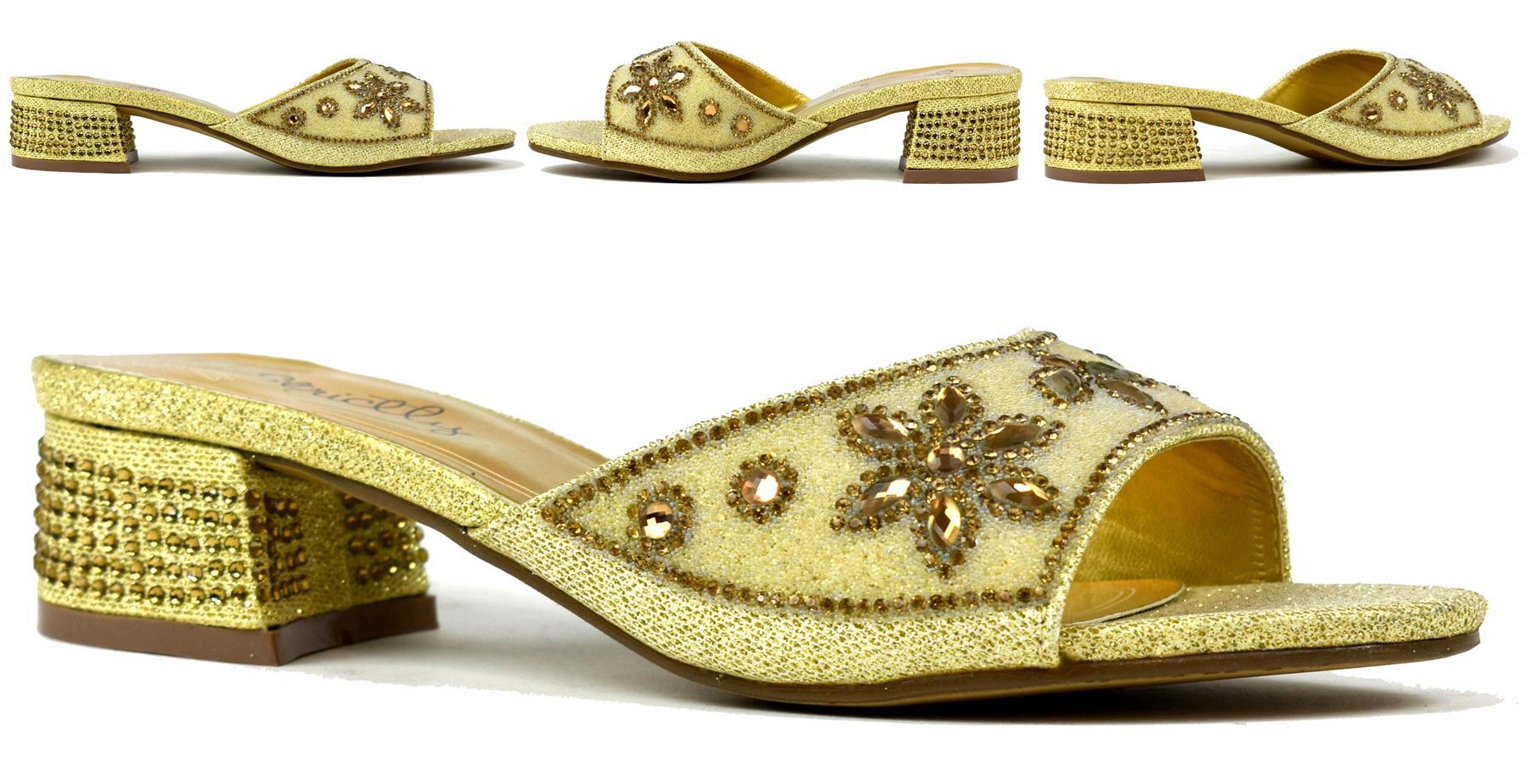 Elegant Flower Stone Diamante Block Heel in Gold with sparkling details, perfect for special occasions.