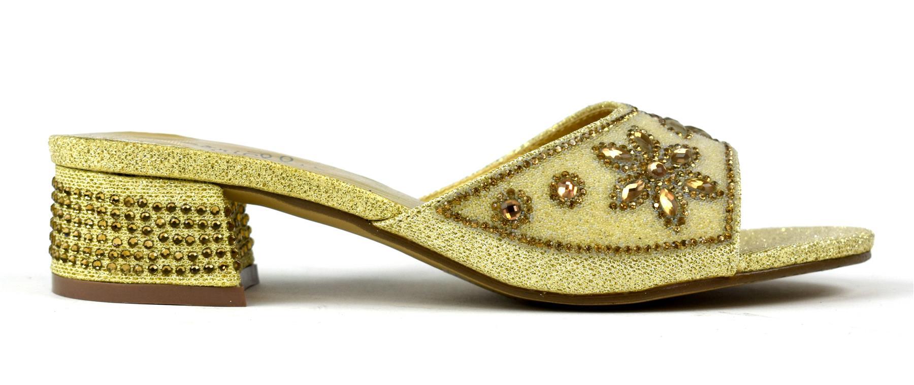 Elegant Flower Stone Diamante Block Heel in Gold with sparkling details, perfect for special occasions.